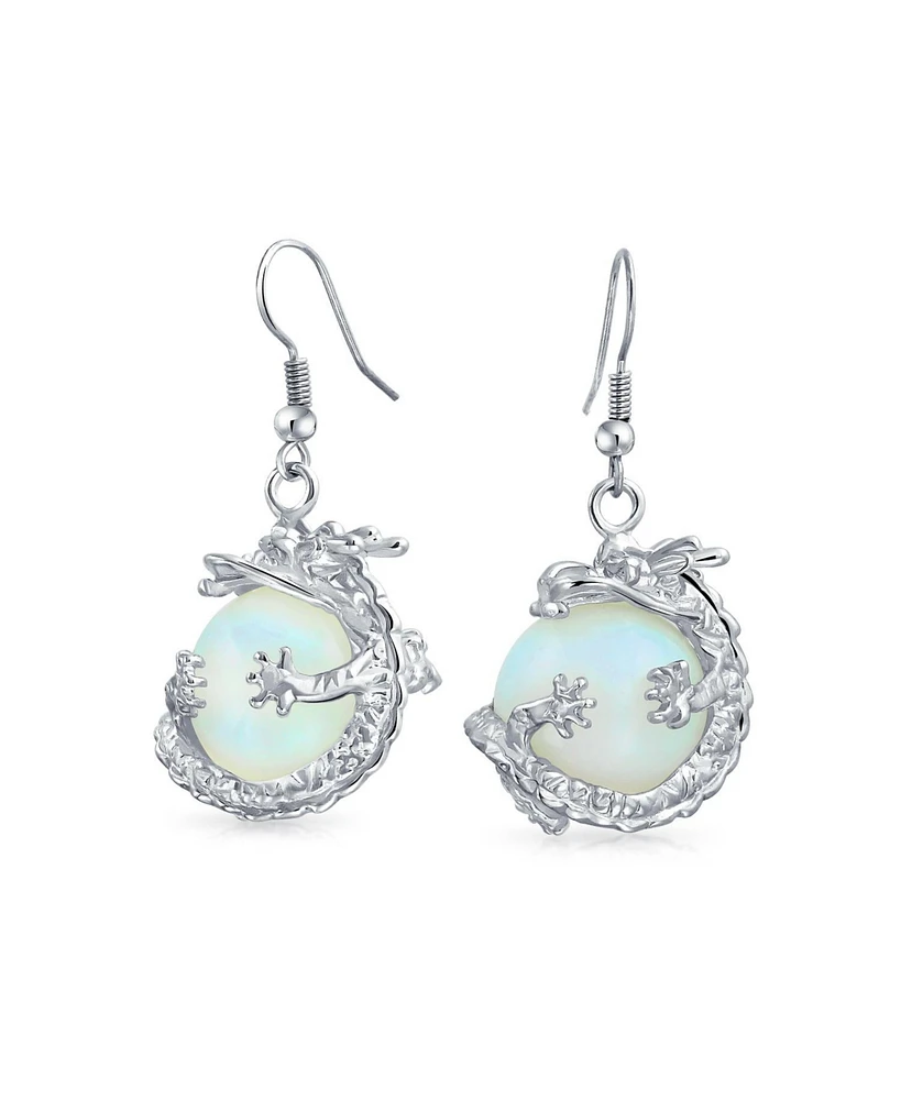 Bling Jewelry Fashion Statement Rainbow Crystal Opalite Translucent Round Ball Dangle Orb Asian Dragon Earrings Silver Plated
