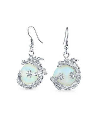 Bling Jewelry Fashion Statement Rainbow Crystal Opalite Translucent Round Ball Dangle Orb Asian Dragon Earrings Silver Plated