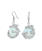 Bling Jewelry Fashion Statement Rainbow Crystal Opalite Translucent Round Ball Dangle Orb Asian Dragon Earrings Silver Plated