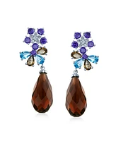 Bling Jewelry Purple Burgundy Cz Cubic Zirconia Fashion Flower Statement Dangle Teardrop Earrings Silver Plated