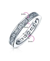 Bling Jewelry Simple Cubic Zirconia Channel Princess Cut Cz Stackable Band Eternity Ring .925 Sterling Silver 2MM