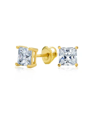 Bling Jewelry Clear Square Princess Cut Cubic Zirconia Solitaire Stud Earrings Women Cz Secure Screw Back Black Gold Plated .925 Sterling Silver