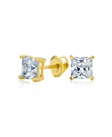 Bling Jewelry Clear Square Princess Cut Cubic Zirconia Solitaire Stud Earrings Women Cz Secure Screw Back Black Gold Plated .925 Sterling Silver