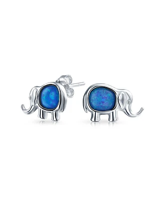Bling Jewelry Lucky Dainty Created White Blue Opal Zoo Animal Lover Good Luck Elephant Dangle Stud Earrings .925 Sterling Silver Lever Back