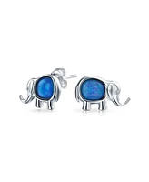 Bling Jewelry Lucky Dainty Created White Blue Opal Zoo Animal Lover Good Luck Elephant Dangle Stud Earrings .925 Sterling Silver Lever Back