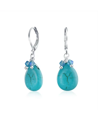 Bling Jewelry Boho Fashion Pear Shape Crystal Bead Accent Blue Turquoise Blue Teardrop Drop Lever Back Earrings Silver Plated