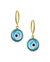 Bling Jewelry Spiritual Protection Round Blue Nazar Evil Eye Drop Huggie Mini Hoop Earrings Endless Murano Glass Yellow Gold Plated .925 Sterling Silv