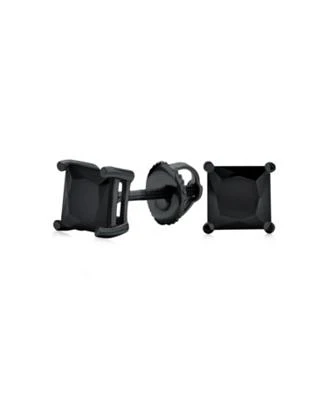 Bling Jewelry Black Square Solitaire Cz Stud Earrings Secure Screw back Black Plated .925 Sterling Silver