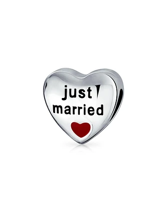 Bling Jewelry Red Heart Shape Two Sided Words Just Married Charm Bead .925 Sterling Silver