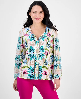 Jm Collection Petite Bali Escape Printed Blouson-Sleeve Blouse, Exclusively at Macy's
