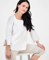 Jm Collection Petite Square-Neck Rope-Trim 3/4-Sleeve Top, Exclusively at Macy's