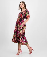 Anne Klein Women's Smocked Puff-Sleeve Floral Midi Dress