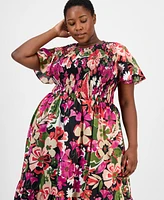 Anne Klein Plus Smocked Floral Midi Dress
