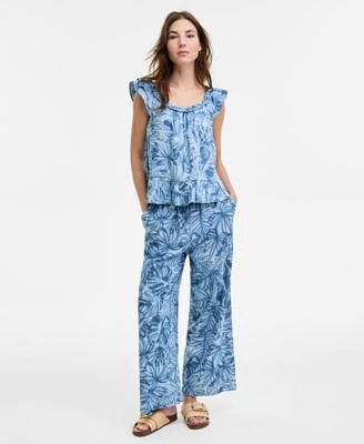 Nautica Womens Palm Print Ruffle Shoulder Chambray Top Pants