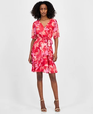 Tahari Asl Petite Printed Tie-Waist Chiffon A-Line Dress
