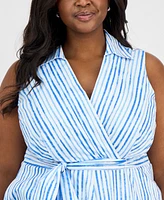 Tahari Asl Plus Cotton Striped Faux-Wrap Shirtdress