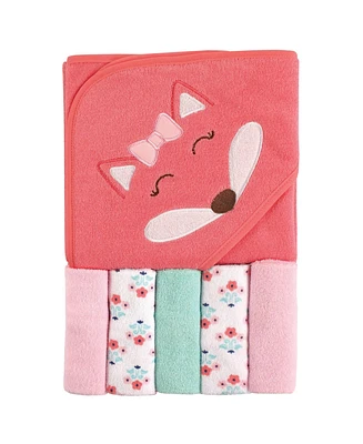 Luvable Friends Baby Girl Hooded Towel with Five Washcloths, Fox, One