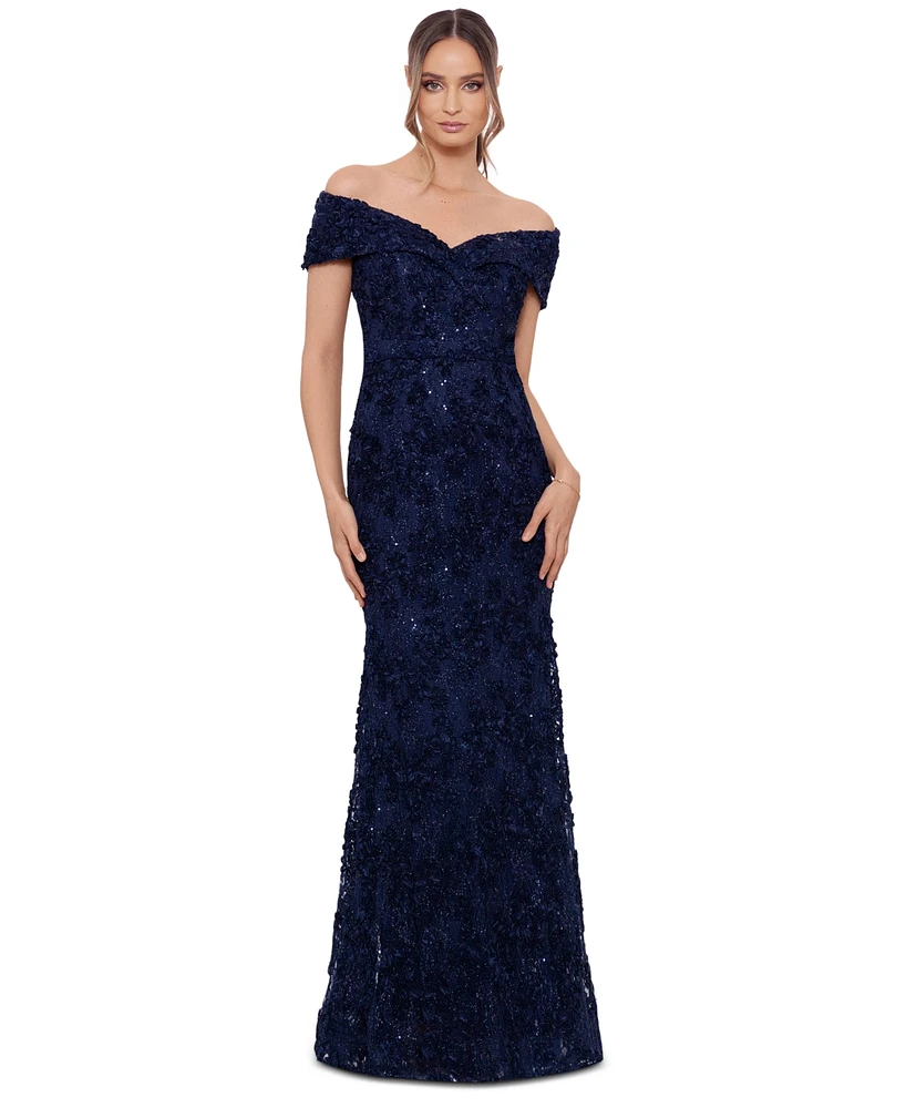 Xscape Petite Off-The-Shoulder Lace Gown