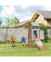 Qaba Kids Swing Set, Playground Set with Slide, 2 Swings, Fort with Canopy