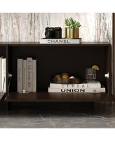 Flip-down 3-door Tv stand, black wood media console, multi-purpose entertainment center