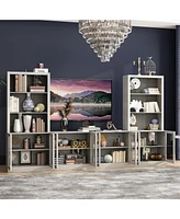 Tv stand with 8 doors, media console with tempered glass and metal handles, grey wood entertainment center