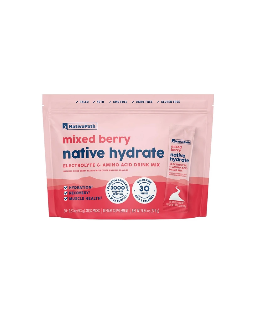 NativePath Native Hydrate Stick Packs, Sugar Free Electrolytes Powder with BCAAs, Mixed Berry Hydration, Keto & Paleo Friendly, 30 Servings