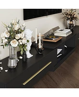 Retractable Tv stand with 4 drawers, media console metal handles and feet, splicable entertainment center