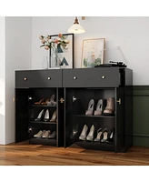 Shoe cabinet in black wood, shoe rack with 2 drawers and four doors and metal handles