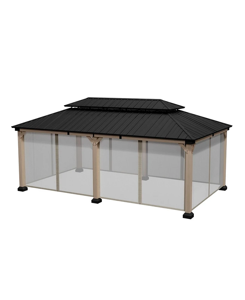 12 x 20 Feet Cedar Solid Wood Frame Galvanized Steel Double Top Gazebo Equipped with 4 Pieces of Mosquito Netting