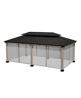 12 x 20 Feet Cedar Solid Wood Frame Galvanized Steel Double Top Gazebo Equipped with 4 Pieces of Mosquito Netting