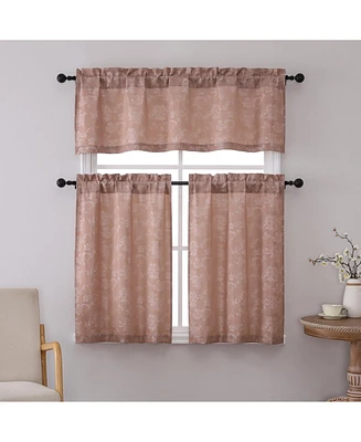 Kate Aurora 3 Piece Rod Pocket Orly Jacquard Floral Kitchen Curtain Tier & Valance Set