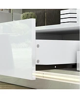 White Tv stand with two drawers and two doors, entertainment center with light strip, media console with drain box