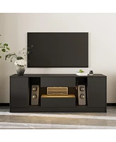 Tv stand with two doors, two drawers, media console with light strip, black wooden entertainment center