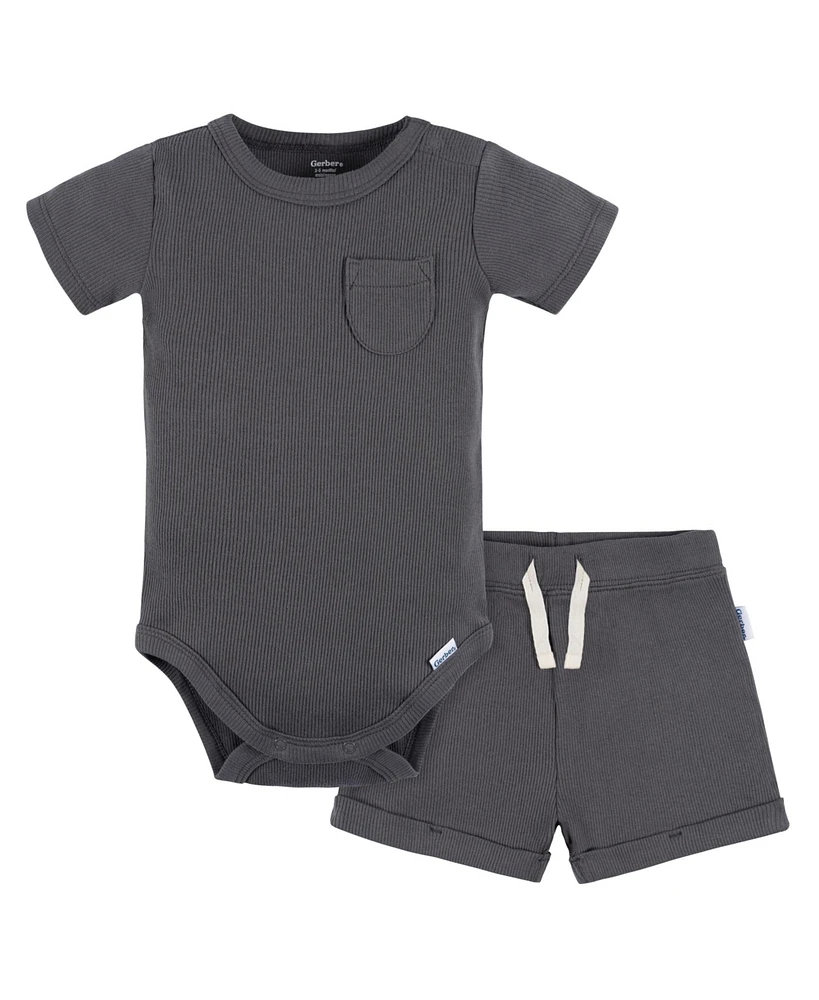 Gerber Baby Boys 2-Pack Bodysuit and Shorts Set, Dark Grey, 0-3 Months