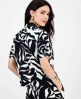 I.n.c. International Concepts Petite Printed Linen-Blend Twist-Front Top, Exclusively at Macy's