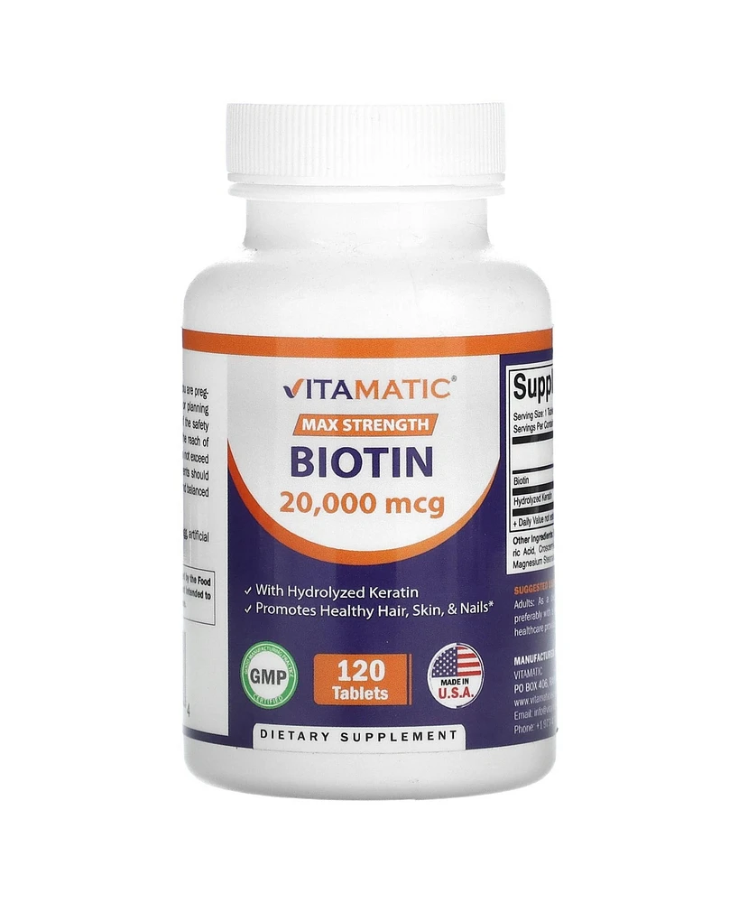 Vitamatic High Potency Biotin 20000 mcg (20mg) with Keratin 100mg - 120 Vegetarian Tablets