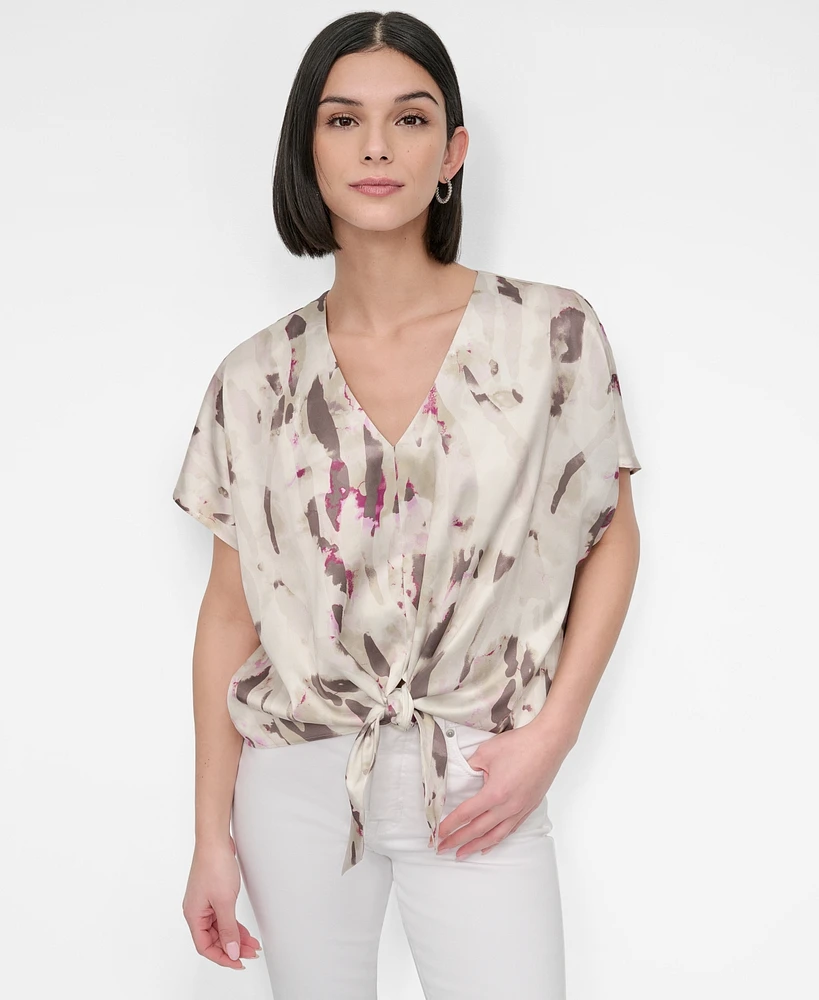 Dkny Women's V-Neck Tie-Front Scarf Twill Top