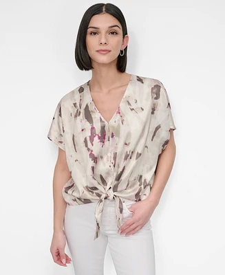 Dkny Women's V-Neck Tie-Front Scarf Twill Top