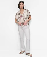 Dkny Women's V-Neck Tie-Front Scarf Twill Top