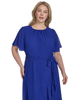 Jessica Howard Plus Chiffon Tie-Waist Ruffle-Trim Midi Dress
