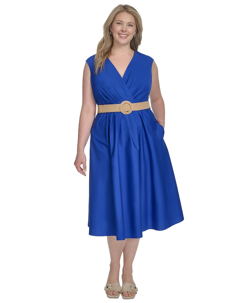 Jessica Howard Plus Belted Sleeveless V-Neck Midi Dress