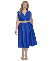 Jessica Howard Plus Belted Sleeveless V-Neck Midi Dress