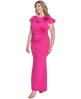 Jessica Howard Plus Ruffle-Sleeve Rosette-Trim A-Line Gown