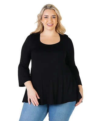 24seven Comfort Apparel Plus Long Bell Sleeve Flared Tunic Top