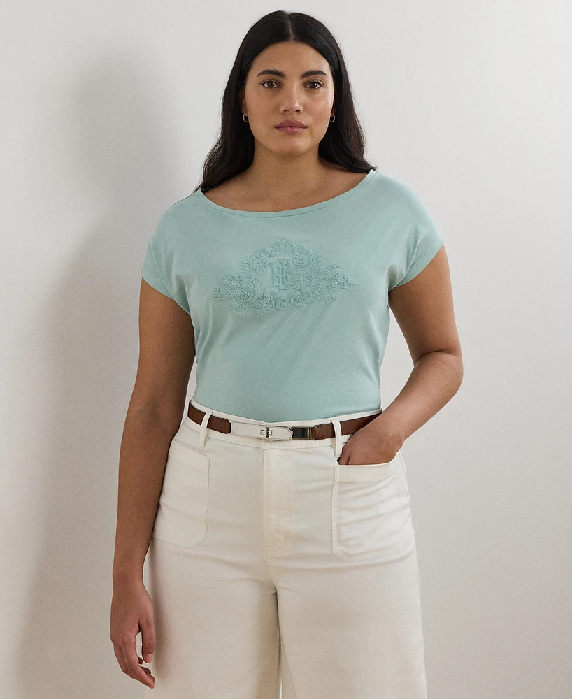 Lauren Ralph Plus Beaded-Logo Cotton Jersey Tee