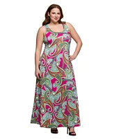 24seven Comfort Apparel Plus Print Scoop Neck A-Line Sleeveless Maxi Dress