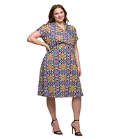 24seven Comfort Apparel Plus Print Short Sleeve Knee Length V-Neck Wrap Dress