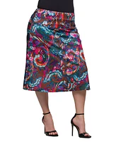 24seven Comfort Apparel Plus Print Comfortable Elastic Waist Knee Length Skirt