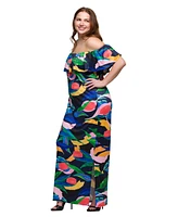 24seven Comfort Apparel Plus Off Shoulder Print Side Slit Maxi Dress