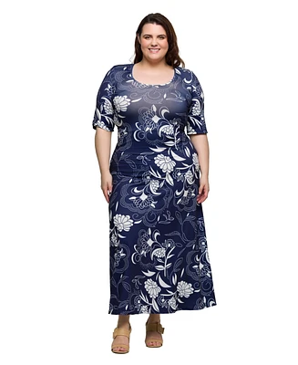 24seven Comfort Apparel Plus Print Elbow Sleeve Casual A-Line Maxi Dress